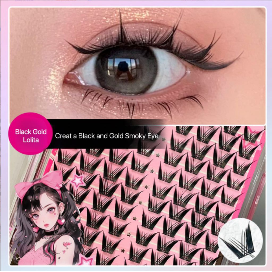 NEW Cute Lashes Premium Korean Idol Single Cluster Lashes #Large Row Black Gold Lolita